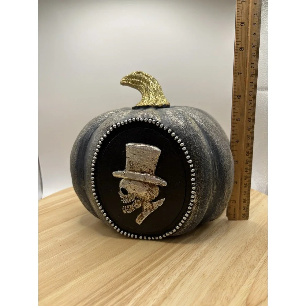 Halloween Gray Silver Gold Black Gothic Pumpkin Skeleton Skull Top Hat New
